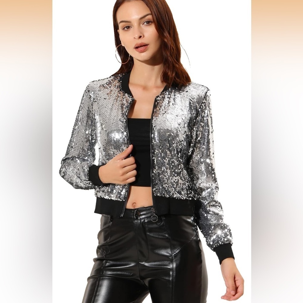 Allegra K Silver Sequin Bomber Jacket Small/363-10